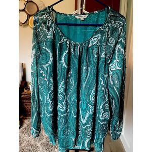 Tantrums Green Paisley‎ Pattern Blouse With Scoop Neck Size 1X